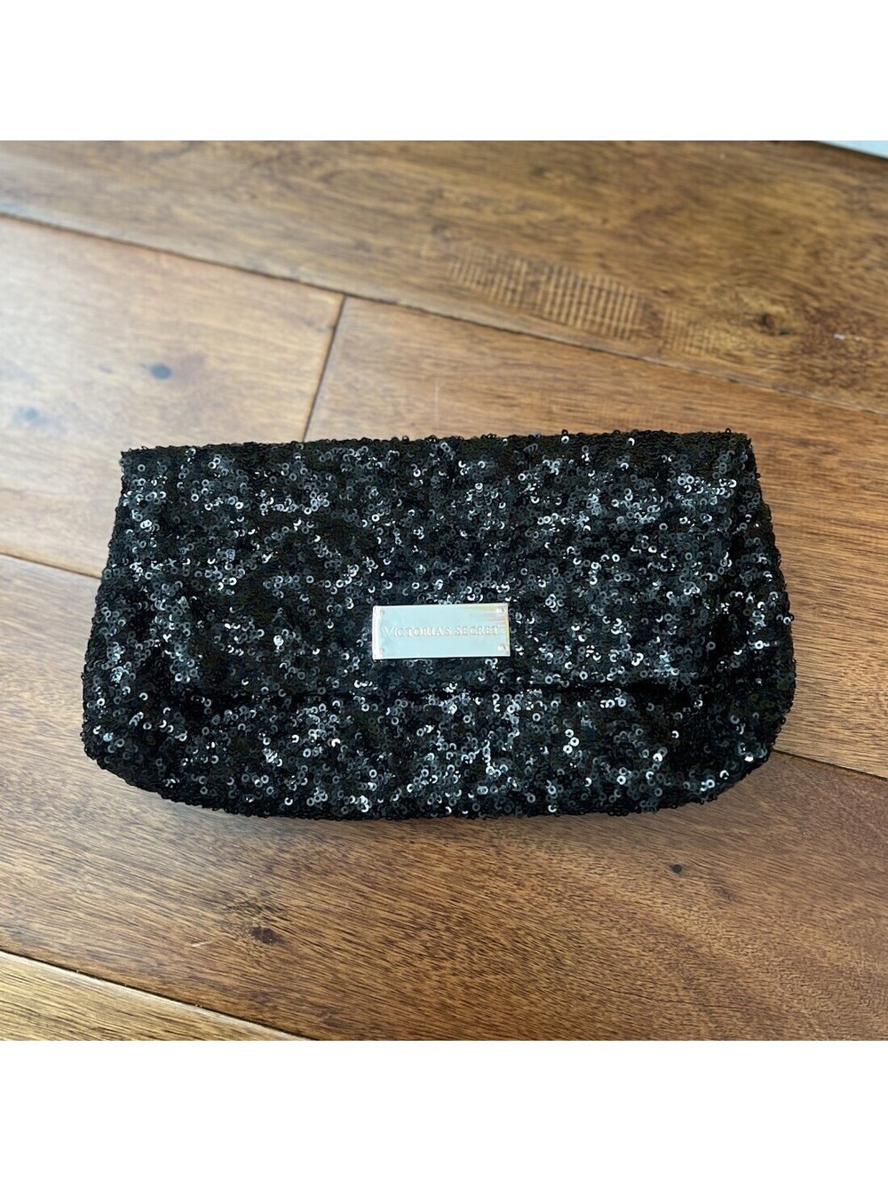 Victoria's Secret Black Sequin Foldover Clutch Bag Purse Silver Logo Plate